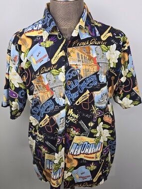 David Carey New Orleans Mardi Gras Camp Shirt XL - Vtg Style All Over Print